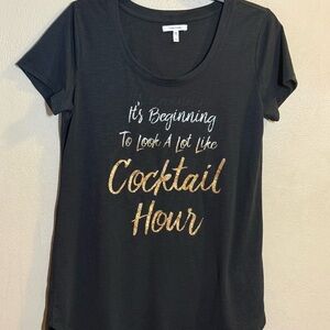 NWOT Maurice’s"Cocktail Hour" Graphic Black T-Silver/Bronze Metallic Script Sz S